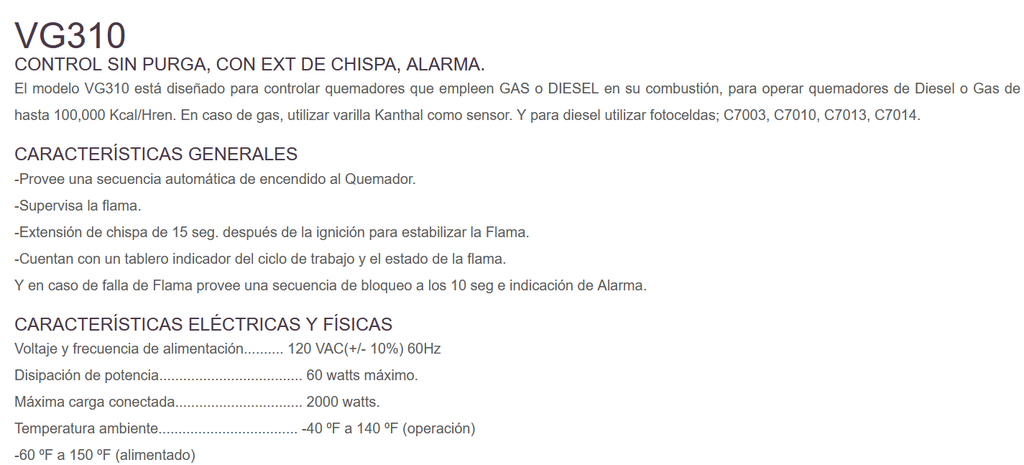 VG310 120VAC/CONTROLADOR CONTRA FALLA DE FLAMA AMCE