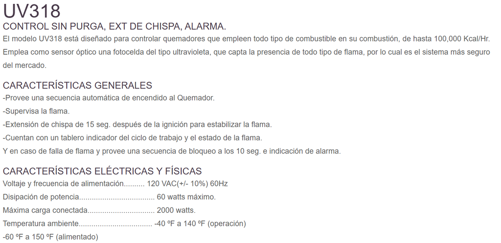 UV318 120VAC/CONTROLADOR CONTRA FALLA DE FLAMA